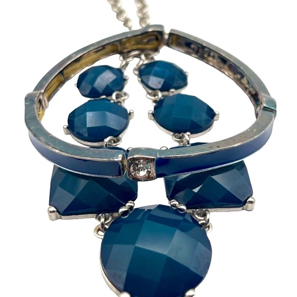 Blue Faceted Necklace & Bangle Set Geometric Design Silver-Tone Chain. N71 - Picture 7 of 12